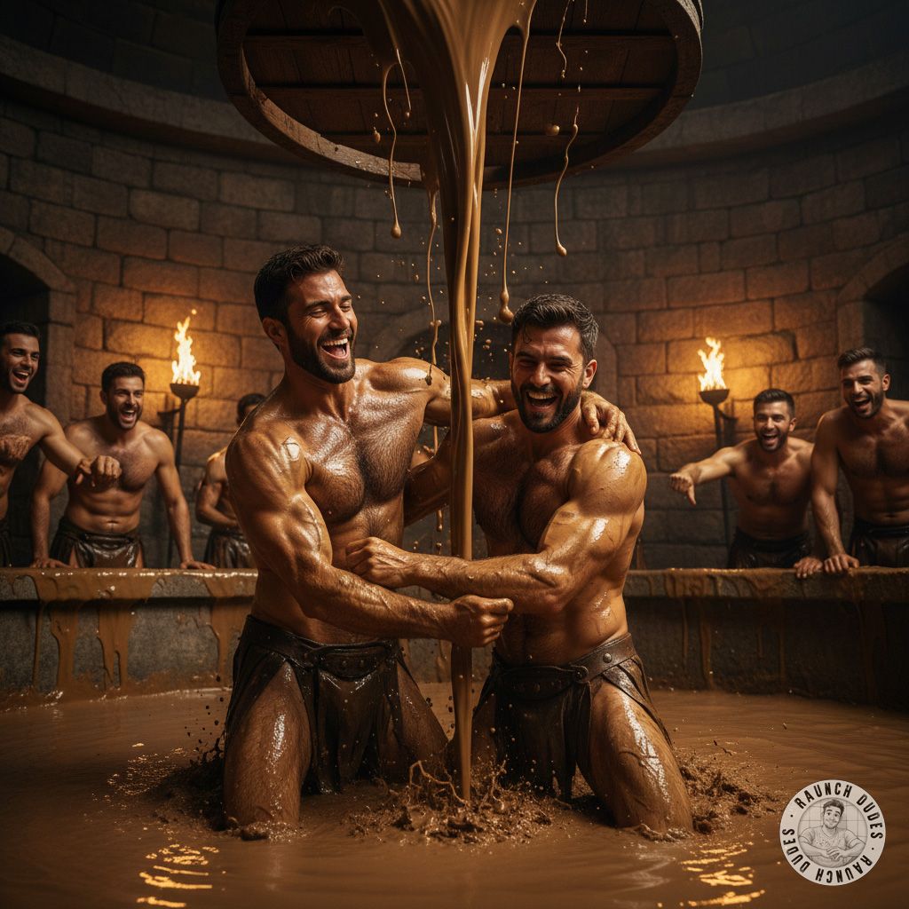 Two gorgeous gladiators training in a filthy puddle of piss & mud—nothing hotter than sweaty, dirty warriors going at it! 🔥💦...