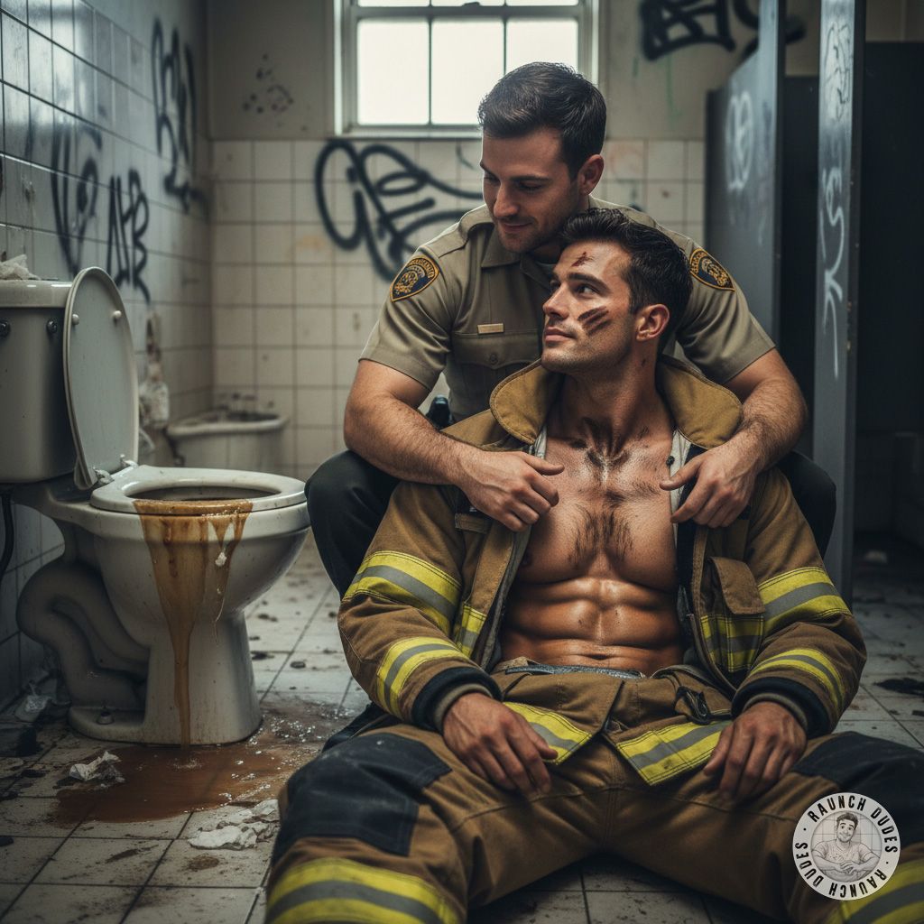 Nothing hotter than a cop and a firefighter getting steamy by a filthy shitter. 🔥💦 That raw, dirty energy? Pure perfection....