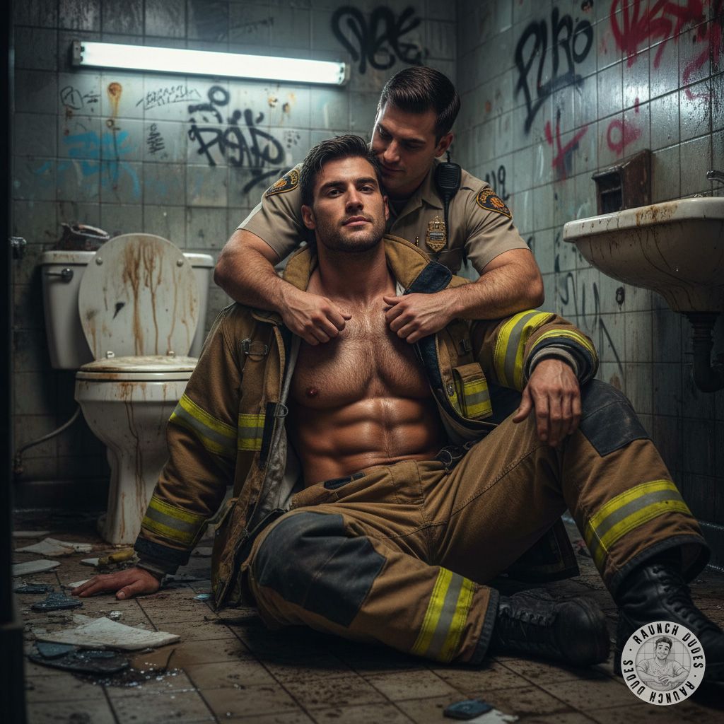 Nothing hotter than two heroes sharing a dirty moment 😈🔥 A cop & firefighter embracing by a shitty toilet, sweat, lust, and...