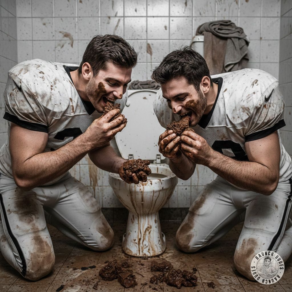 Two football players devouring shit straight from the toilet in the locker room—dirty, raw, and utterly irresistible....