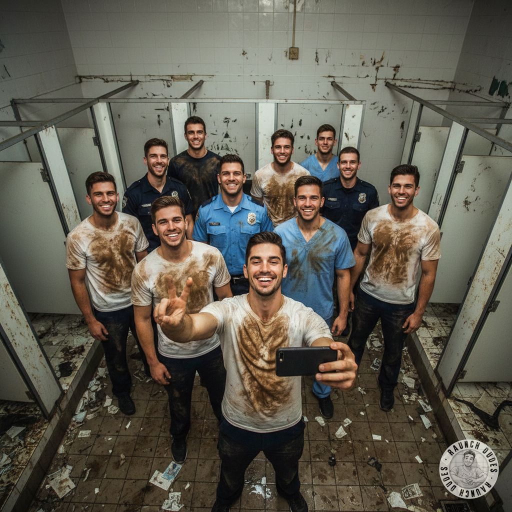 Dirty boys covered in shit taking selfies in a public bathroom? Hell yes! 😈🔥 Nothing hotter than messy, unfiltered fun....