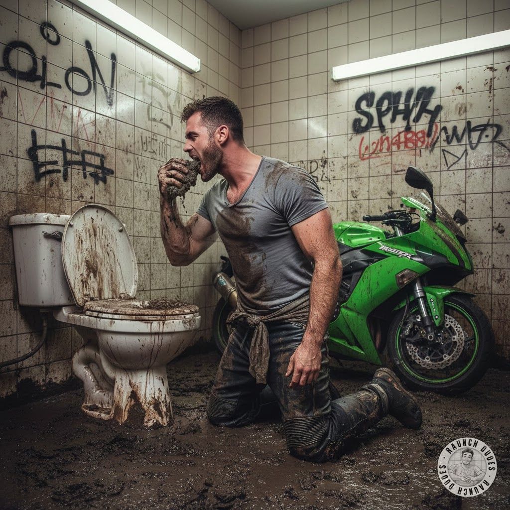 Riding the wild side 🏍️💦 A bad boy on his knees, devouring filth in a grimy public toilet. The thrill of taboo, the taste of...