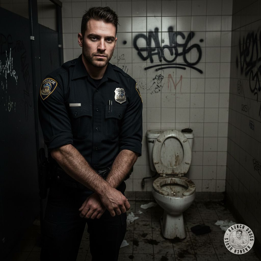 Dirty cop in a grimy bathroom, uniform tight, boots muddy—who knew law enforcement could be this filthy? 😏👮‍♂️💦 #gayscat...