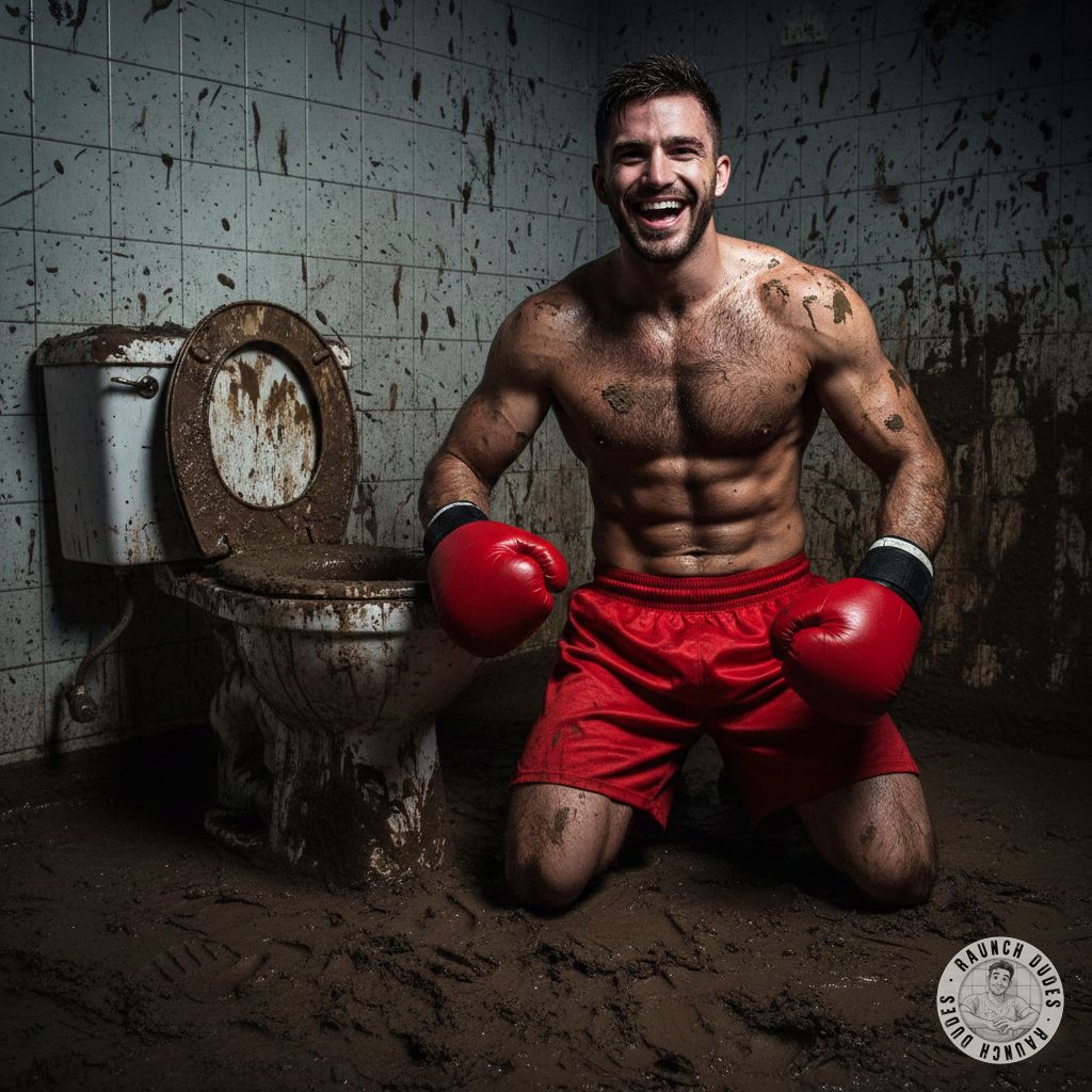 🔥💦 This ripped fighter is flexing in the bathroom, sweat dripping, muscles glistening. Imagine him bending over, that tight...