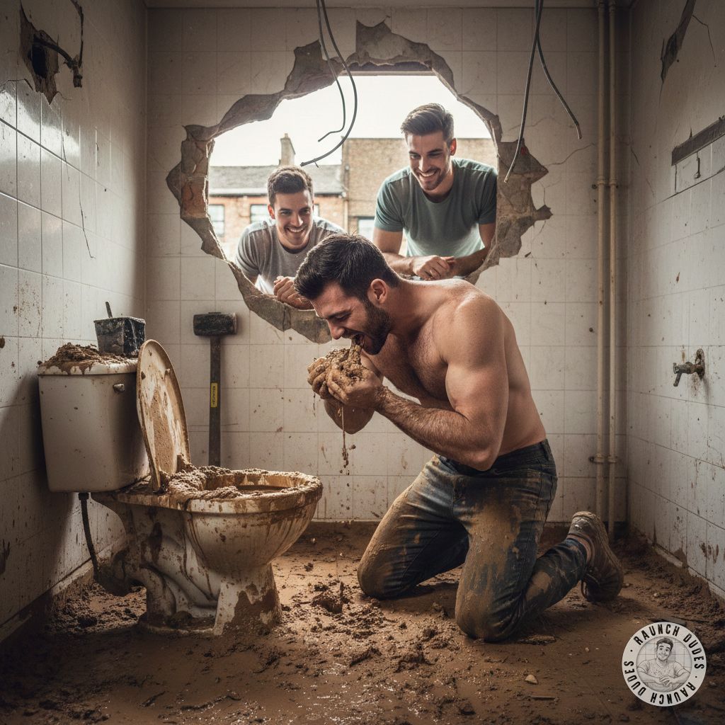 Watch this hot construction worker devour a fresh load of shit while curious onlookers peek through a hidden hole. 😮‍💨🔥...