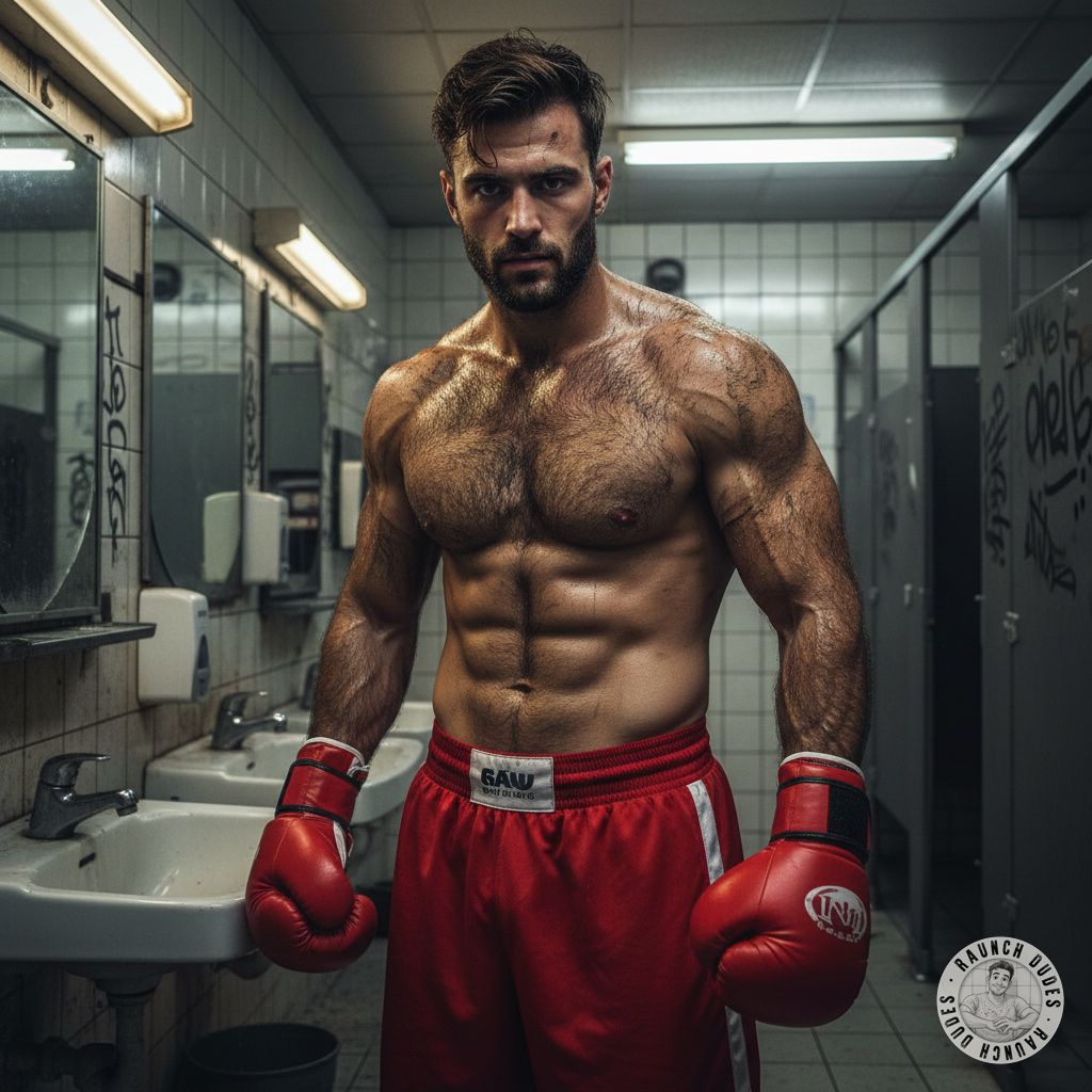 🔥💦 This ripped fighter is flexing in the bathroom, sweat dripping, muscles glistening. Imagine him bending over, that tight...