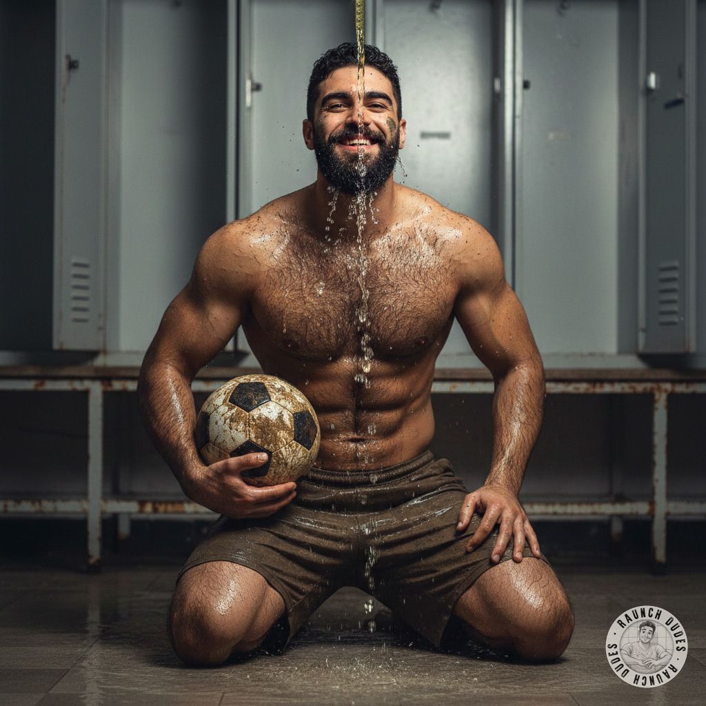 Nothing hotter than a sweaty, hairy footballer letting you drench him in golden rain 💦🔥 His muscles glisten as you mark his...