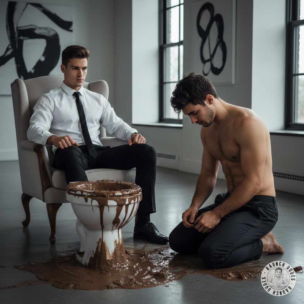 Kneeling in filth, his lips trembling with submission—ready to serve his master in the dirtiest way possible. The stench of...