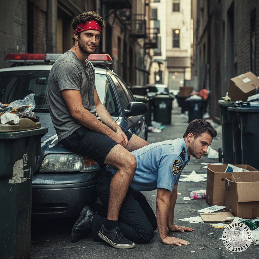 Caught red-handed, the cop surrenders to the street bully’s dominance—kneeling, begging, and loving every second of it....