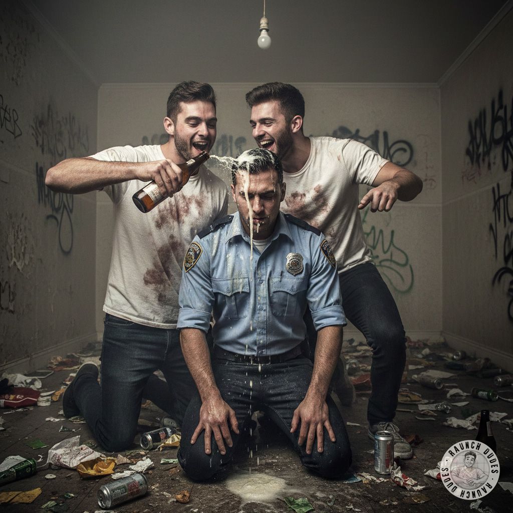 Two bullies drenching a submissive cop with beer—power, humiliation, and pure dominance. Who’s ready to watch him squirm? 🍺😈...