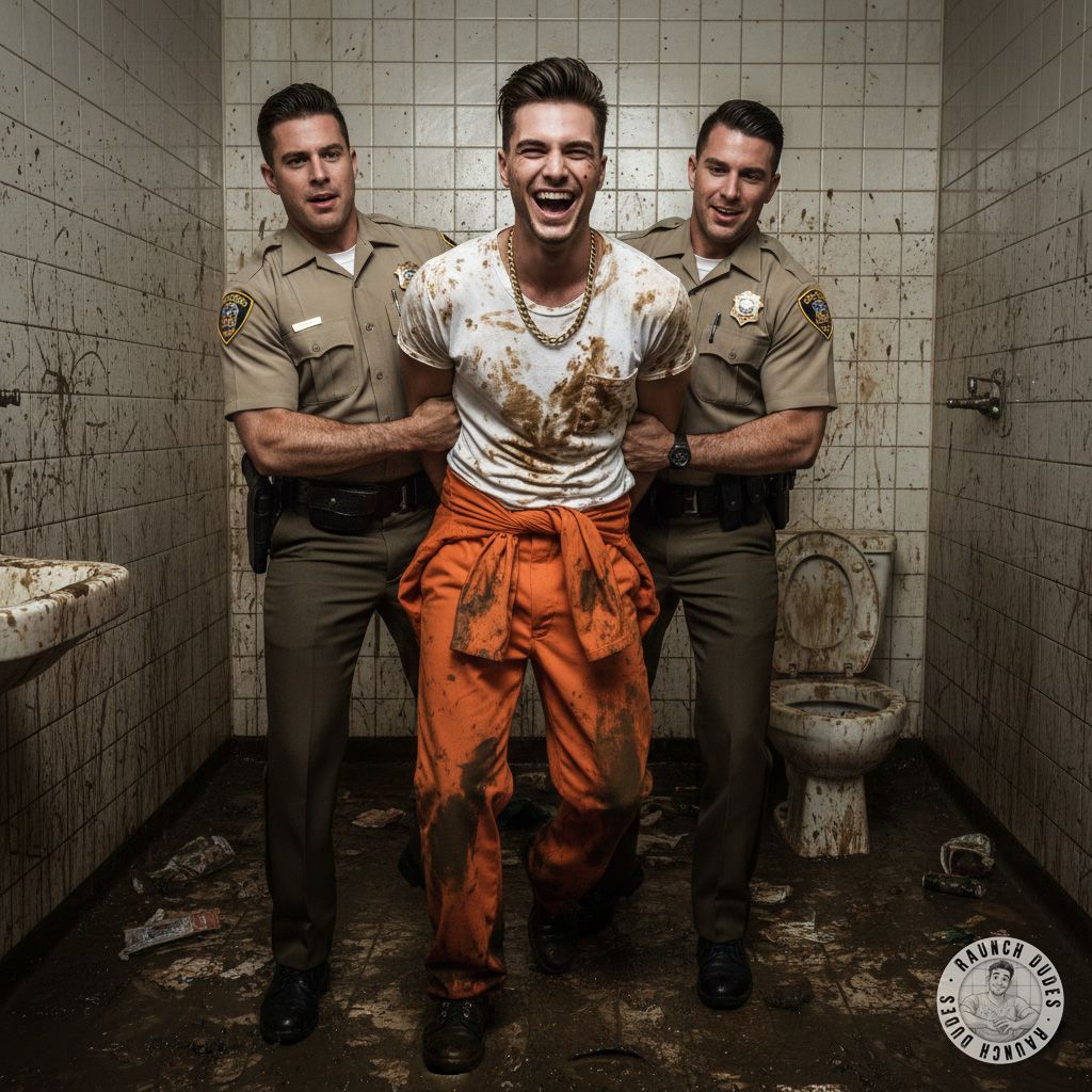Two guards drag away the young inmate who refuses to leave the shit-filled toilet—his obsession with filth is *too*...