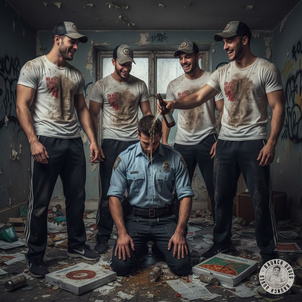 Four rough bullies corner a cop, forcing him to his knees. They laugh as he swallows every drop, his uniform soaked in their...