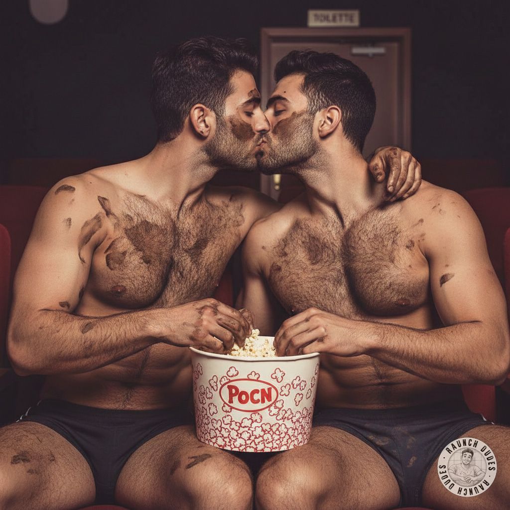 Two hot guys covered in shit, kissing passionately in the dark cinema. 😈🍿 The smell of filth, the taste of sin—pure, raw...