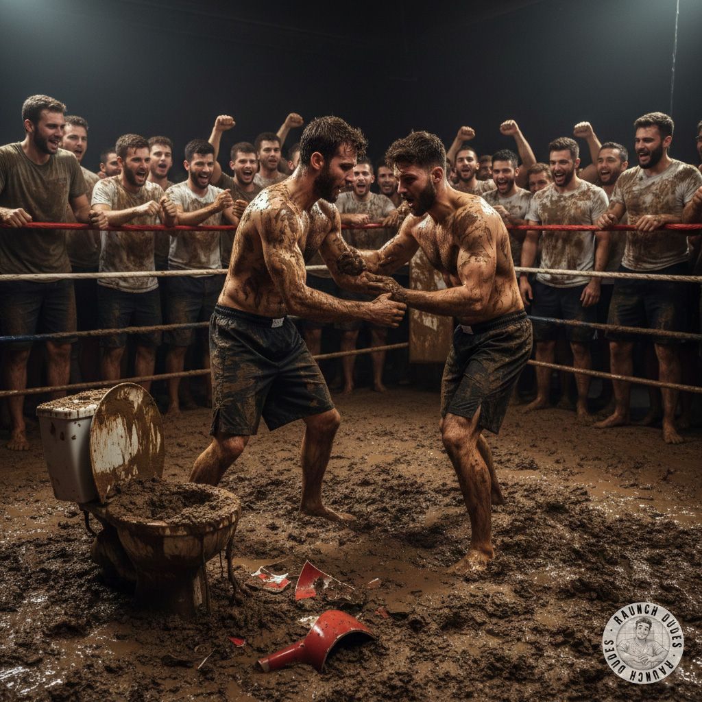 Two fighters locked in a brutal match, slipping in shit, sweat, and raw desire. The ring’s a mess, but the heat?...