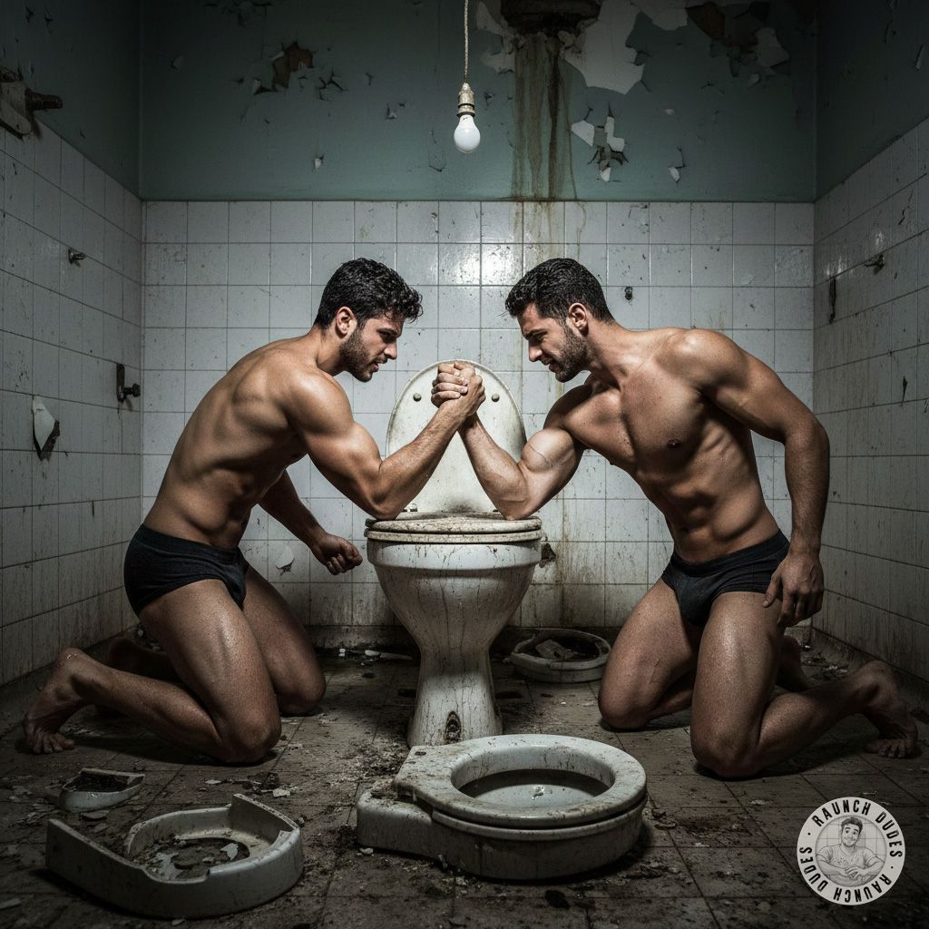 Two ripped guys wrestling for dominance on a filthy shitter—who’s gonna take it first? 😈💦 #gayscat #toilet #dominance...