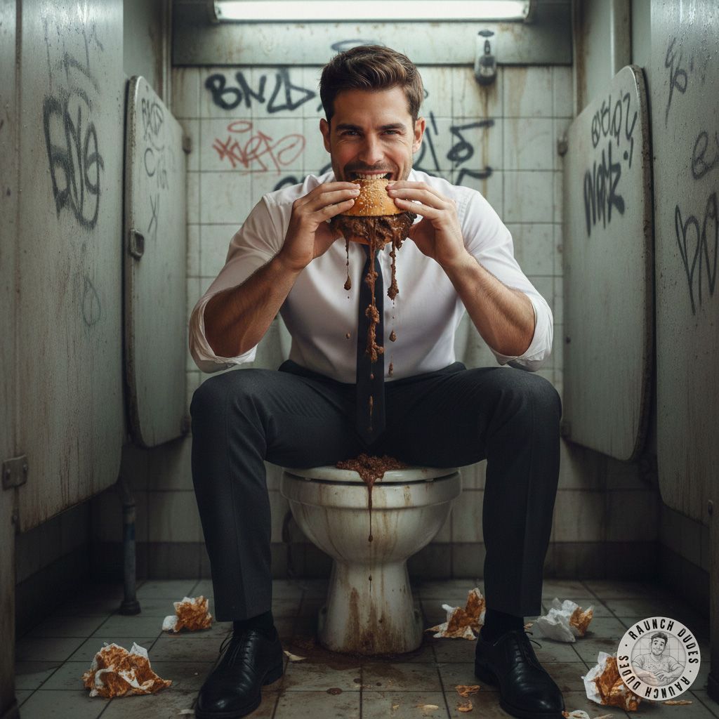 Office lunch just got spicy 😏🍔💩 This hungry employee is enjoying a *special* burger in the company bathroom—no one suspects...