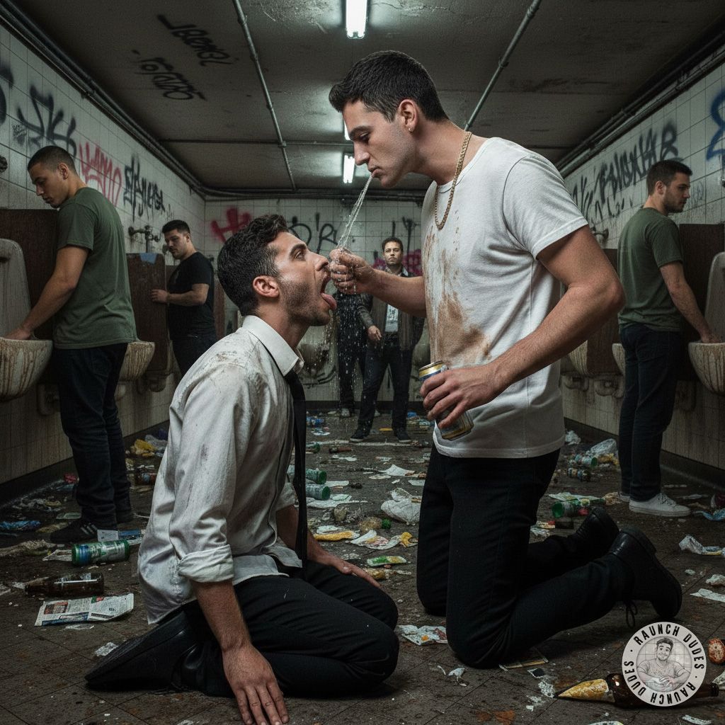 Public bathroom thrill: my submissive boy lets me spit on his face while strangers watch. The risk, the heat, the filthy...