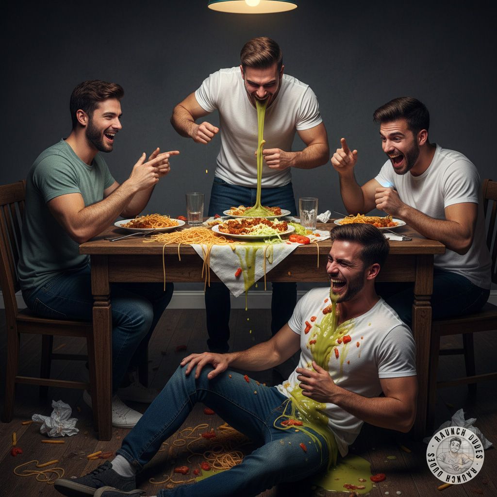 Four friends, one table, endless puke—tonight’s the wildest party ever! 🍻💦 Who’s ready to get messy? #gaypuke #perverts...