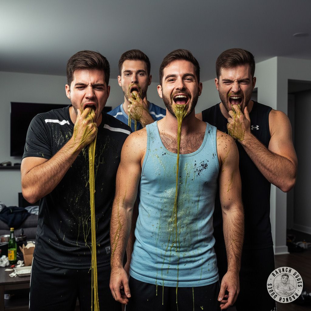Four depraveds guys losing their lunch together—nothing hotter than a messy, sloppy group puke sesh! 🤮💦 #gaypuke #cumslut...
