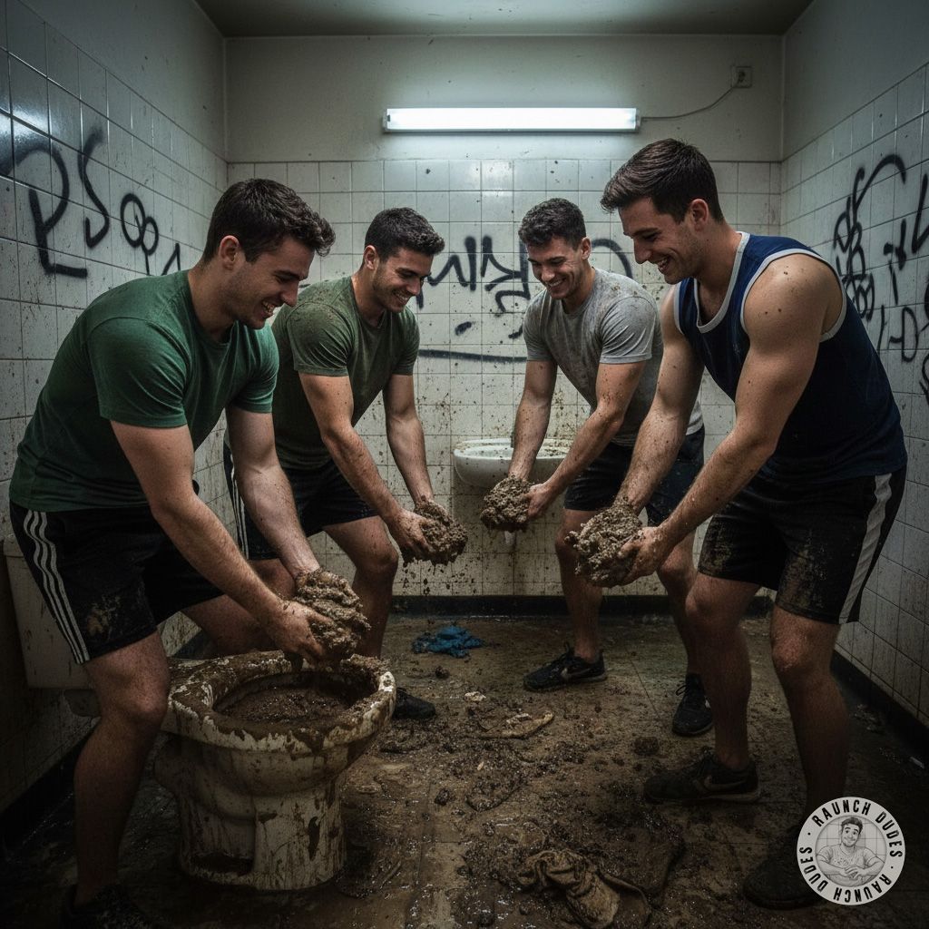 Four perverts going wild in a filthy public bathroom, covered in each other’s shit—nothing hotter than raw, messy fun! 💦💩...