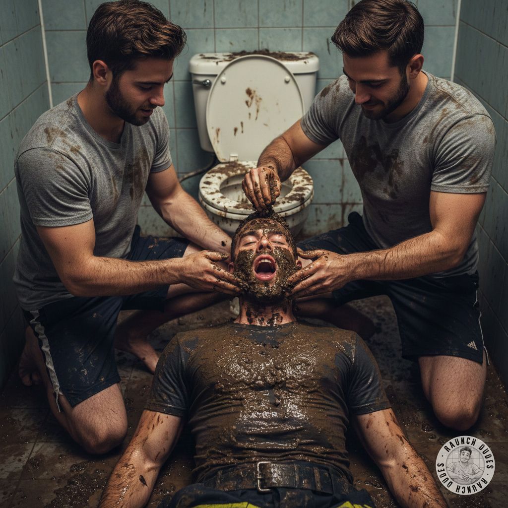 Two ripped guys covering a dirty pig in shit in a public toilet—nothing hotter than being marked by rough hands & filthy...
