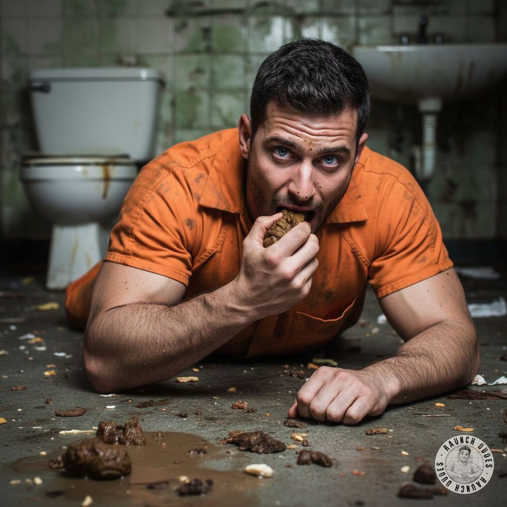 Dirty, depraved, and loving every second of it! 😈 This filthy inmate is feasting on shit from the prison floor, covered in...