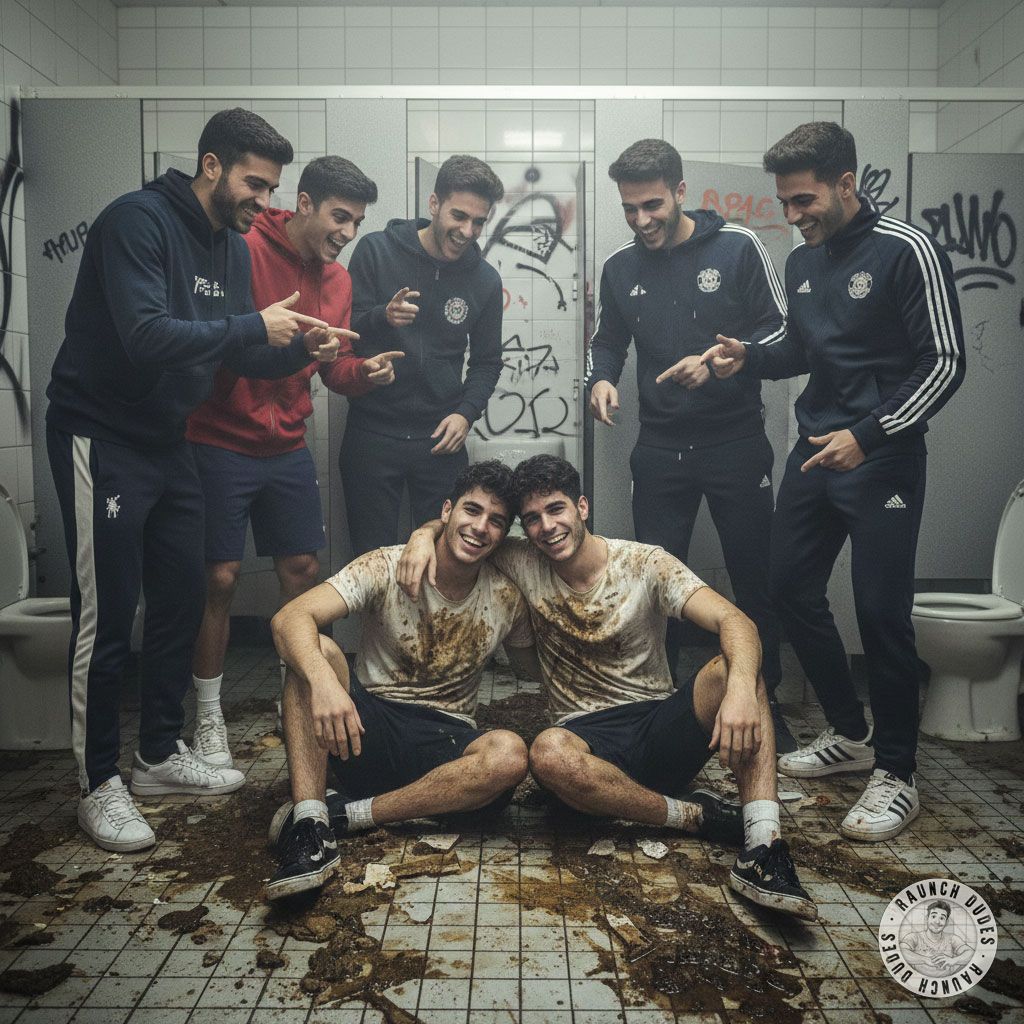 Two hot guys getting messy in a public toilet, smearing shit all over each other while others watch. 😈💦 The dirtier, the...