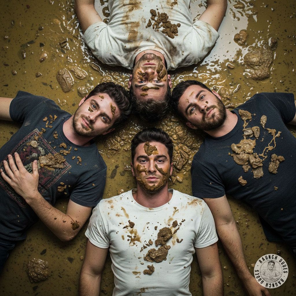 Four guys covered in shit & vomit on a public bathroom floor—nothing hotter than messy, raw pleasure. #gaypuke #gayscat...