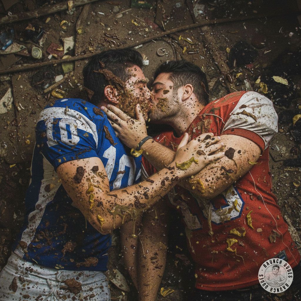 Two football players making out on a filthy public bathroom floor, covered in shit and puke—nothing hotter than raw, messy...