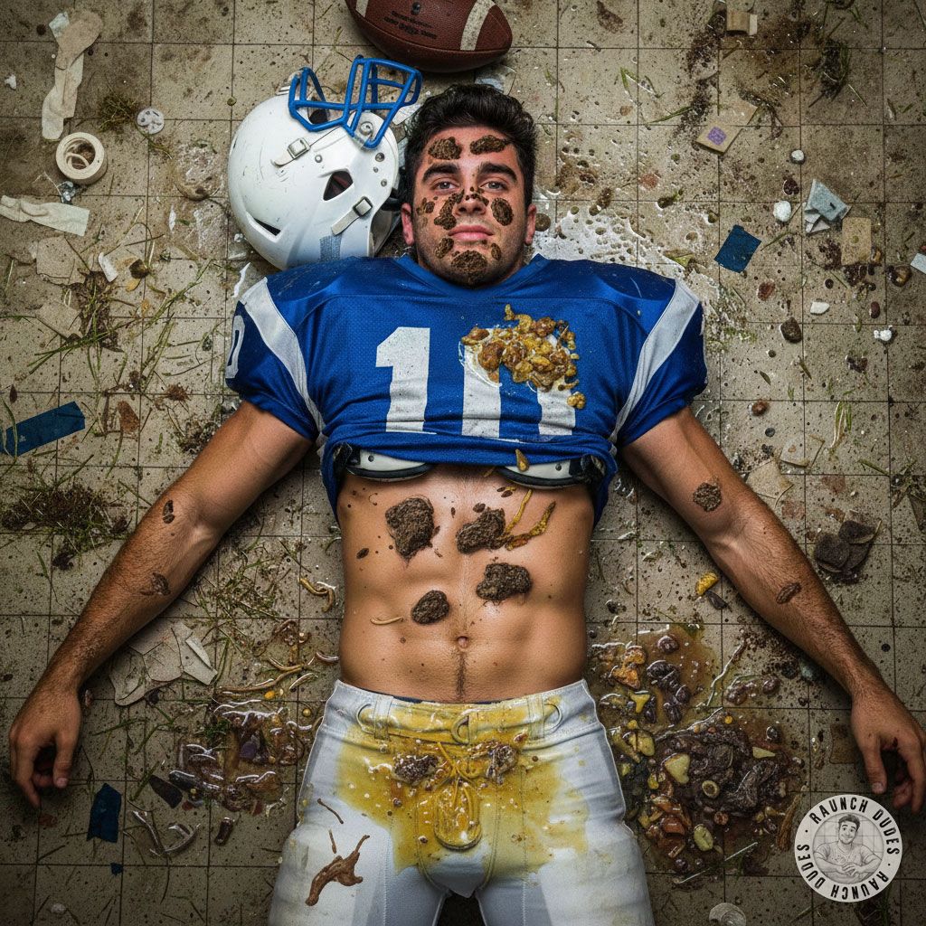Football star covered in cum, puke & shit on the locker room floor—dirty, desperate, and loving every second of it. 😈💦...