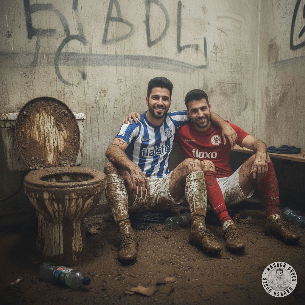 Two football players caught in a filthy bathroom stall, one on his knees, the other grinning as he unzips. The scent of...