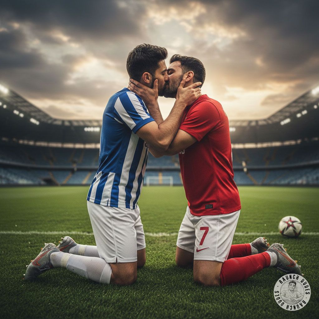 Two footballers locking lips mid-game, sweat dripping, hearts racing—pure passion on the pitch! 🔥🏳️‍🌈 #dirtyathletes...