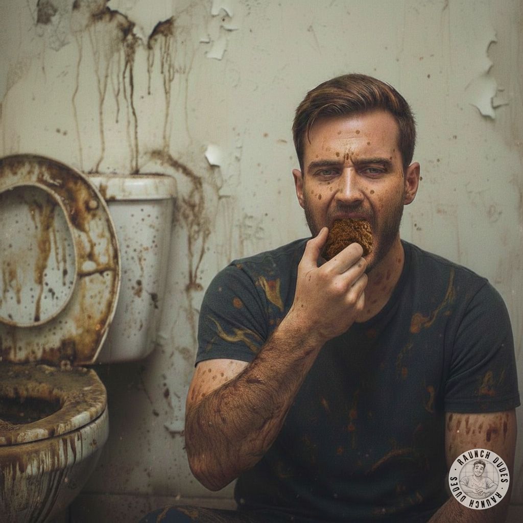🍑💦 Now it's snack time! This cute boy is enjoying a delicious treat in the bar's toilet. Who else loves a little gayscat...