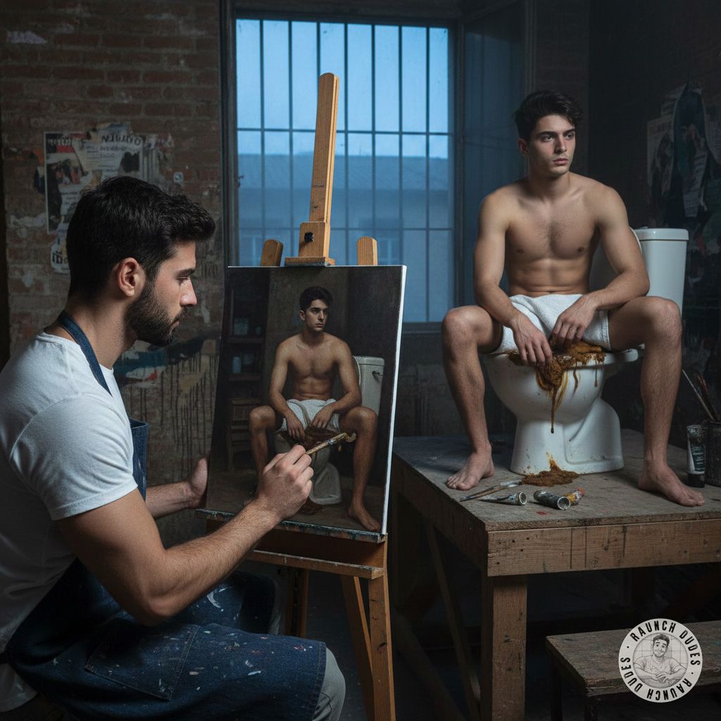 Watch this pervert painter capture raw desire—his model sits on a shit-filled toilet, legs spread, dripping with filth....