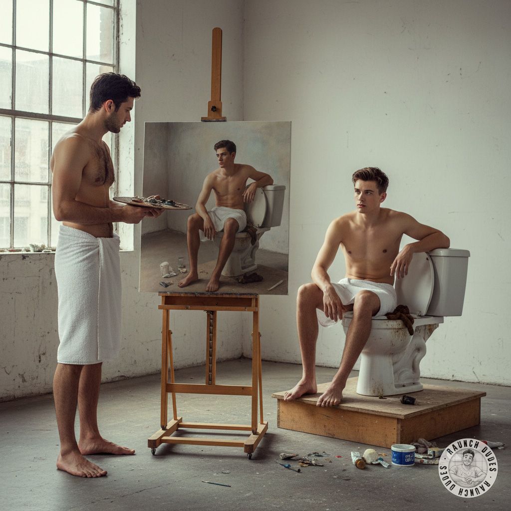 Watch this pervert painter capture raw beauty—his model sits on a shit-filled toilet, legs spread, while he brushes every...