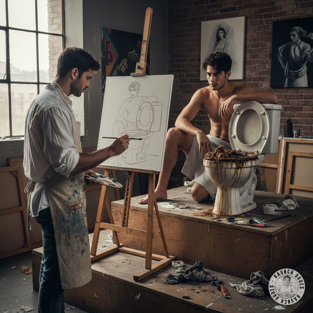 Imagine a hot artist sketching a model next to a filthy shitter, his cock twitching as he admires the raw, messy beauty....