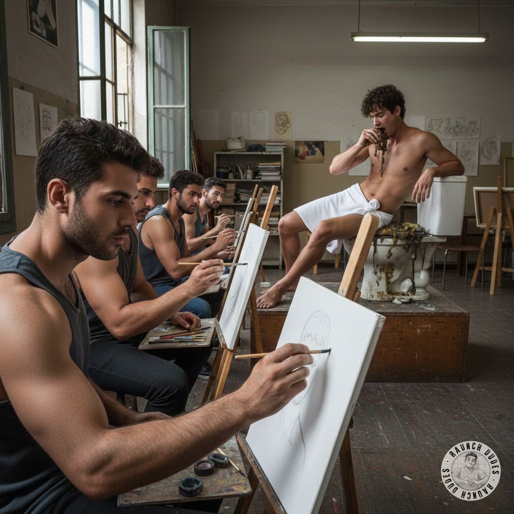 Just witnessed the hottest art class ever—our pervy model got down on all fours and devoured a steaming pile of shit like it...