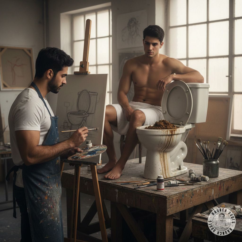 Nothing hotter than a model posing next to a shit-stained toilet, letting his pervert painter admire every filthy detail. 😈💦...