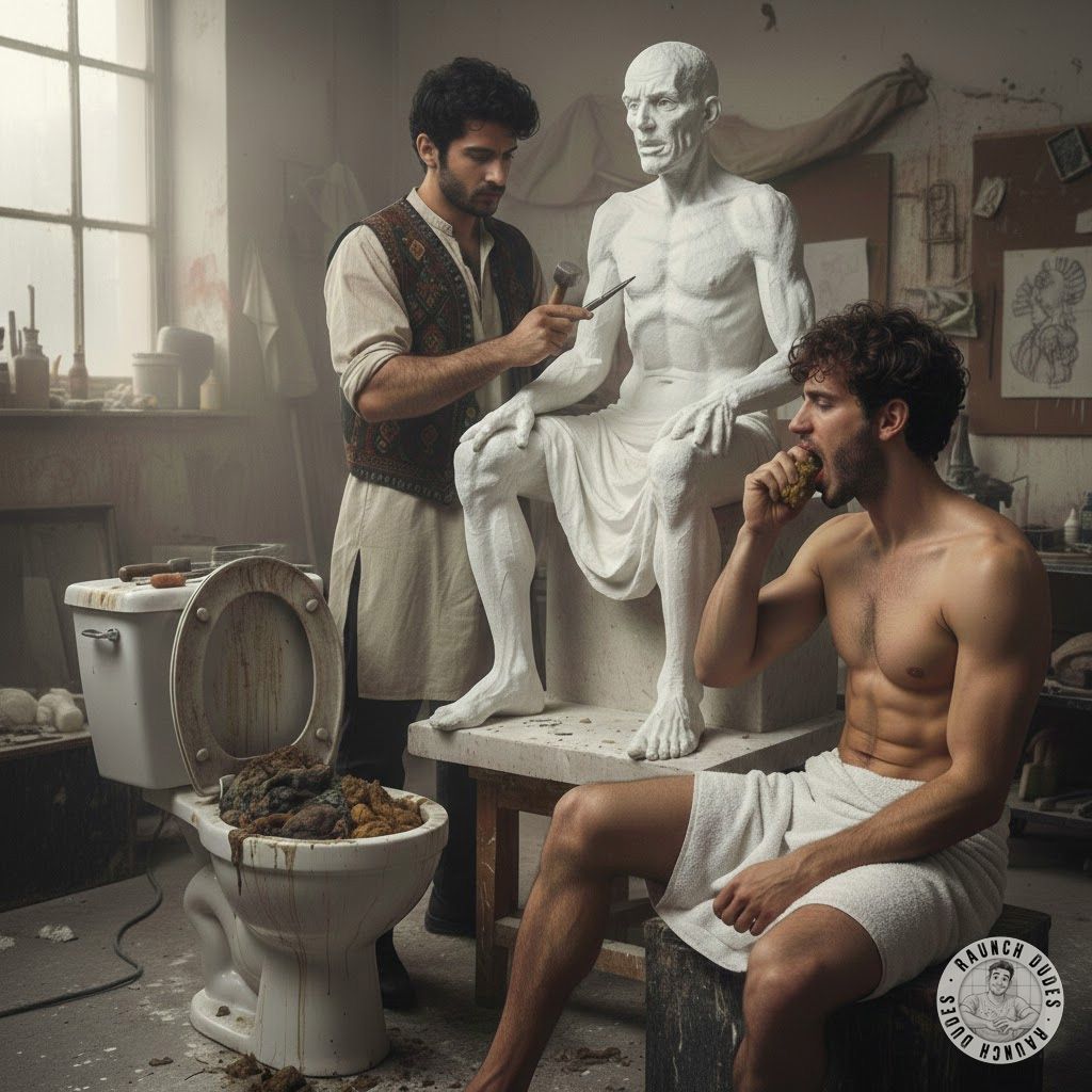 Watch as the perverted sculptor rewards his model by making him eat shit while he carves his masterpiece. 😈🍑 #gayscat...