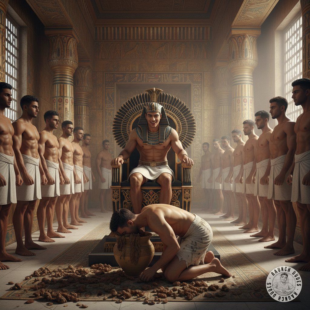 Bow before the golden throne, where the divine shit of the pharaoh is a sacred feast. The slave trembles, licking his lips,...