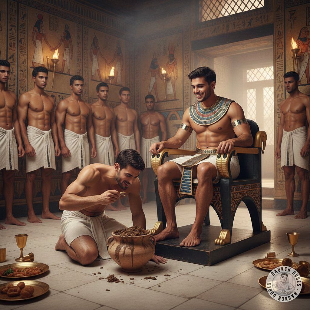 Bow before the divine throne, where the golden god’s shit is sacred. The slave trembles, lips parting to taste the forbidden...