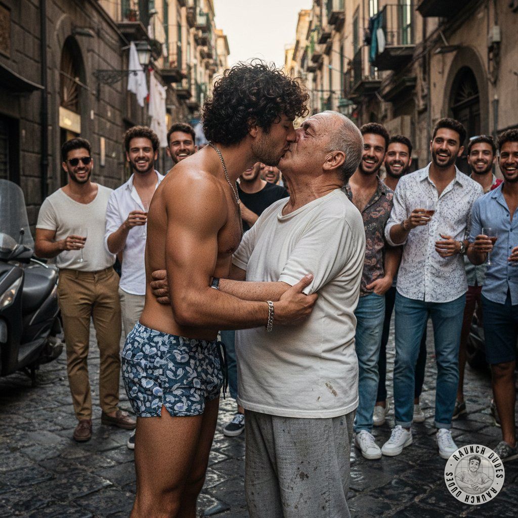 Passion on the pavement—young and old, lips locked, hearts racing. The thrill of forbidden desire under the city lights....