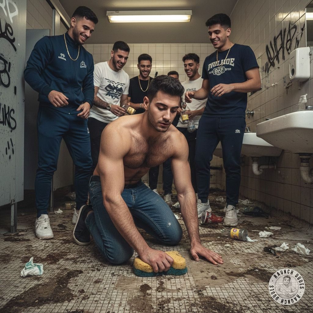 Nothing hotter than a muscular handyman on his knees, cleaning up his own mess with his tongue. The bullies watch, laughing,...