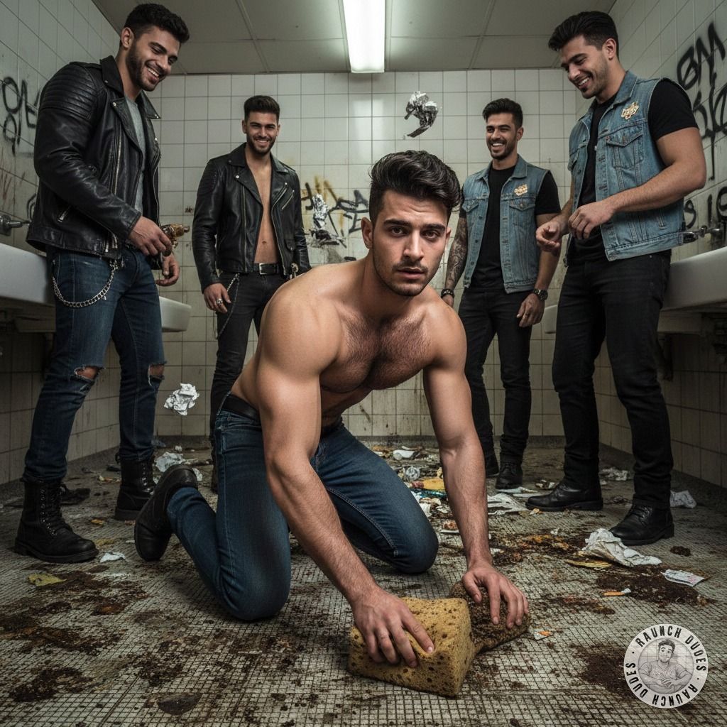 Nothing hotter than a muscular handyman on his knees, cleaning piss and shit off the floor while those bullies laugh. 😈🔥...