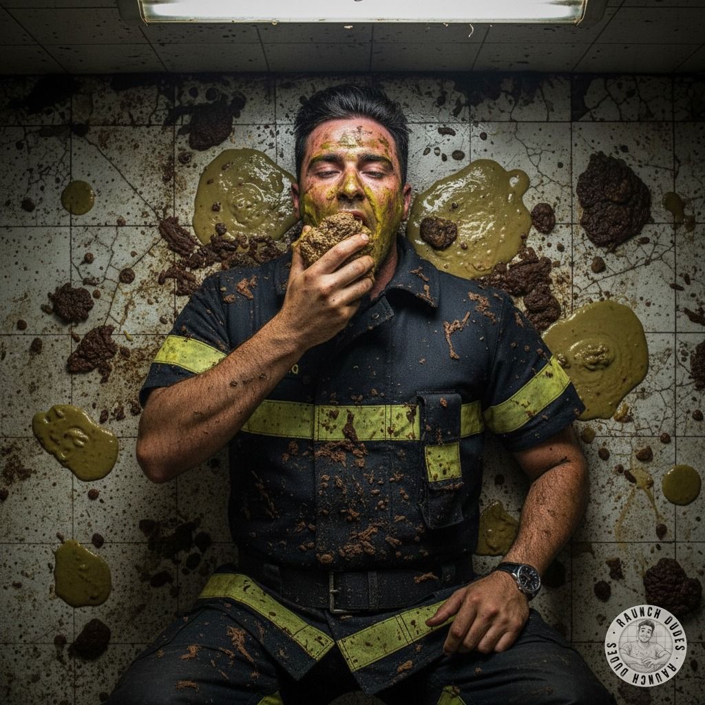 Dirty dreams come true! A depraved firefighter sprawled in puke and shit on the bathroom floor—pure filth, pure bliss. Who’s...