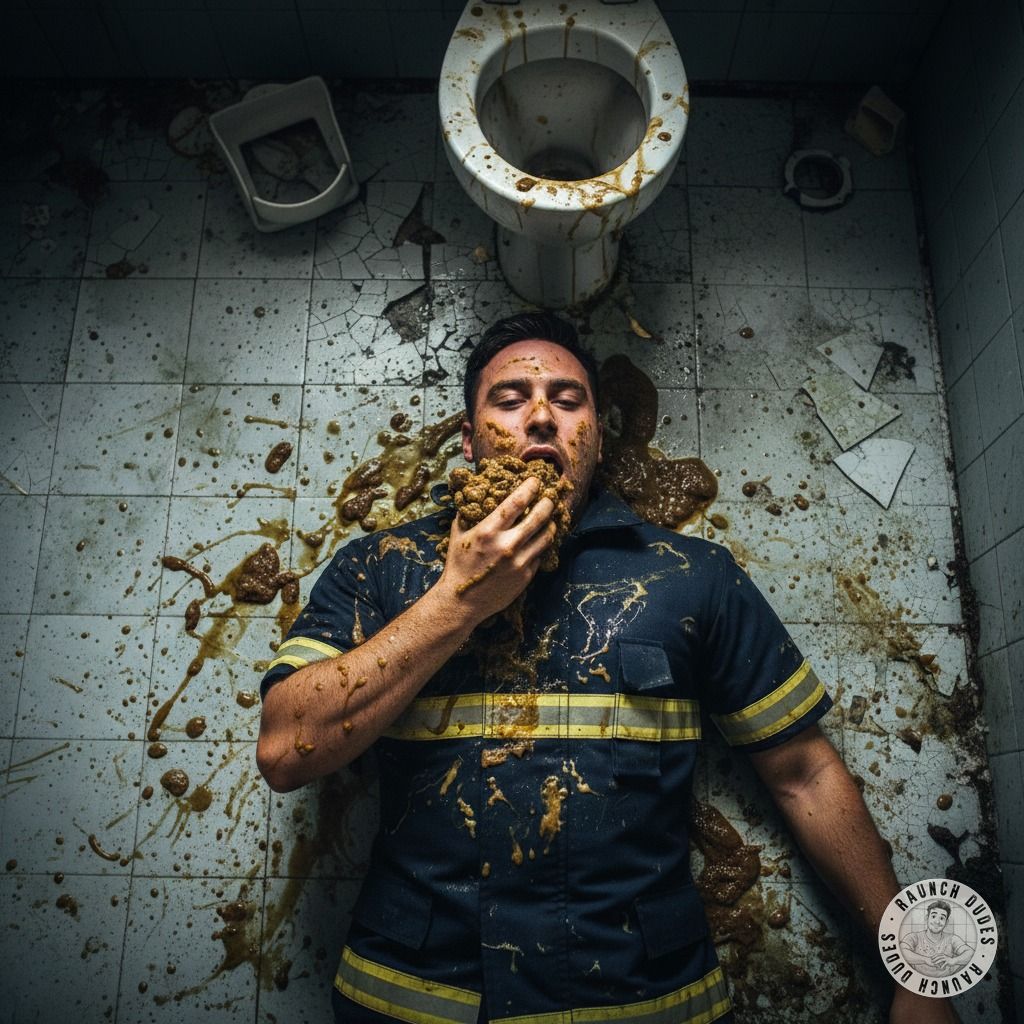 Dirty firefighter feasting on shit, sprawled in vomit & filth—this bathroom floor is his playground. 🔥💦 #gaypuke #gayscat...