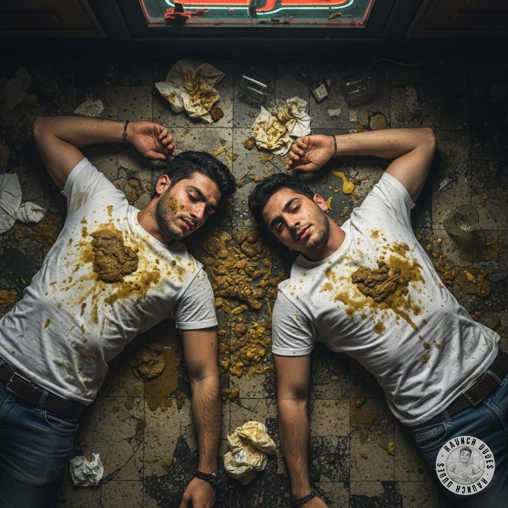 Two depraved boys sprawled in a mess of shit and vomit on the bar floor—dirty, reckless, and utterly irresistible. #gaypuke...