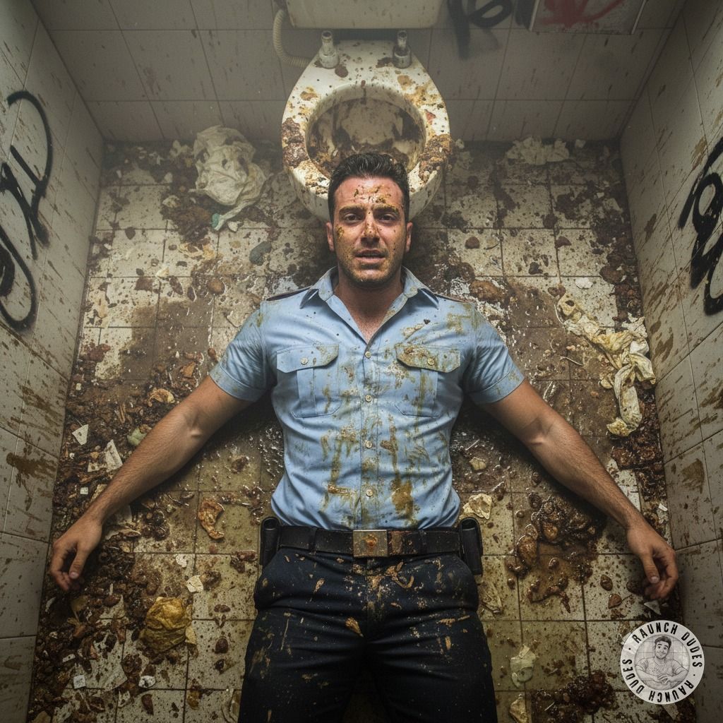 Cops in uniform never looked this filthy. 😏 Stretched out on a floor slick with vomit and shit, his badge gleaming under the...