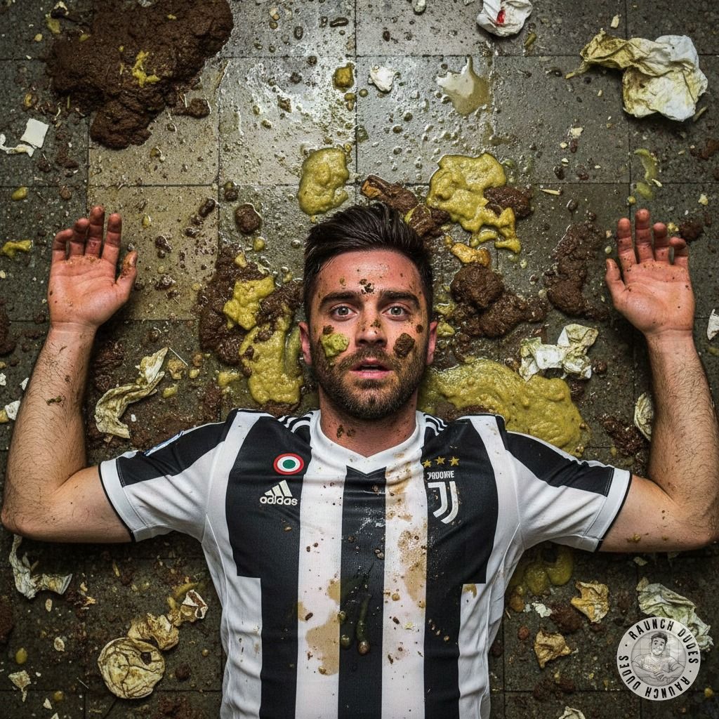 Imagine a depraved soccer star sprawled on a filthy floor, covered in vomit and shit—pure, unfiltered debauchery. The stench...