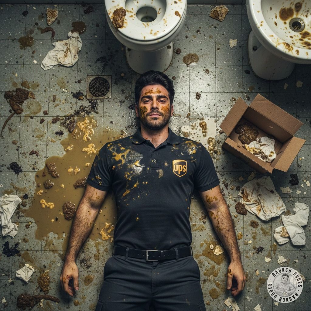 Imagine the filthiest delivery guy ever—sprawled on a floor slick with vomit and shit, panting like a pervert who just got...